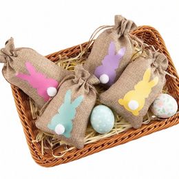 easter Drawstring Bags, Bunny Print Burlap Bags Treat Sweet Goody Bags for Baby Shower Wedding Party V8y0#