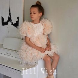 Jill Wish Elegant Mini Rose Gold Flower Girl Dresses Satin Feathers Cute Baby Kids Birthday Wedding Party Gown Pageant J106