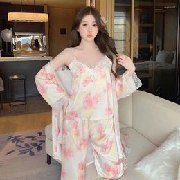 Home Clothing 3pc Lace Cami&Trousers&kimono Pyjamas Suit Sexy Print Sleepwear Women Rayon Nightwear Clothes Spring Summer Pajamas Set
