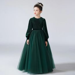 Dideyttawl Flower Girls Dress For Party Long Sleeves Formal Pageant Gown Vintage Velvet Sleeve ONeck Junior Bridesmaid 240321