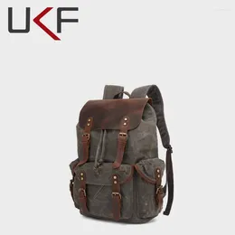 Backpack UKF Casual Wax Oil Canvas Mochilas Backpacks Vintage Waterproof Large Capacity Travel Bag Women Mochila Leather Laptop Drawstrin