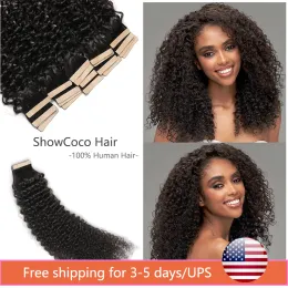 Extensions Kinky Curly Tape in Hair Extensions Human Hair Natural Black #1B Invisible PU Skin Weft for Black Women Seamless Full Head Hair