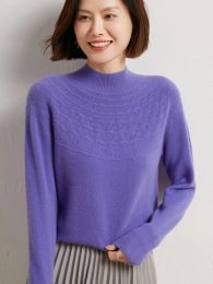 Autumn Winter Mock-neck Pullover Sweater For Women 100% Merino Wool Solid Hollow Soft Cashmere Knitwear Female Clothing Tops