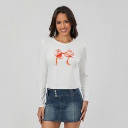 Women's T Shirts Slim Spring Fall Crop Tops Cartoon Bowknit Print Long Sleeve Round-Neck Basic T-Shirts Streetwear