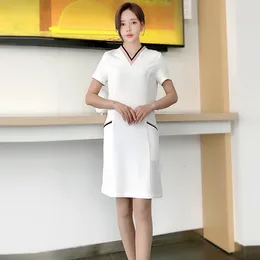 Party Dresses Sauna Foot Bath Women V Neck Uniforms For Spa Massage Working Clothing Beauty Salon Short Sleeve Workwear White Dress