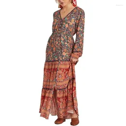 Casual Dresses Women Cottagecore Dress Long Boho Floral Print Spliced Maxi 2024 Spring Summer Sleeve Vestidos