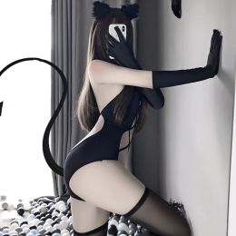Porn Mesh Bodysuit Women Sexy Erotic Lingerie Devil Cosplay Costumes Open Front Black Cat Role Play Swimsuit Anime Underwear Set