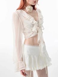 HOUZHOU Coquette Mini Skirt Women 2023 Kawaii Lace Mesh Patchwork Sexy White High Waist A-line Lolita Ruffle Skirt Fairycore