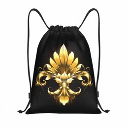 custom Golden Fleur De Lis Drawstring Bags Women Men Lightweight Lily Fr Fleur-De-Lys Sports Gym Storage Backpack 74pF#