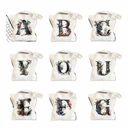 26 Black Alphabet Fr Shop Tote Bags for Women Large Capacity Canvas Storage Pouch Casual Shoulder Bag Reusable Handbag O6KT#