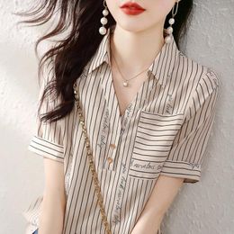 Women's Blouses 2024 Summer Striped Shirt Short Sleeve Design Sense Korean Edition Casual Slimming Versatile Polo Collar Top