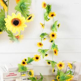 Decorative Flowers 2.3m Sunflower Garland Silk Vine Artificial With Green Leaves For Wedding Party Table Decoration