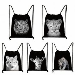 black White Wild Animals Print Drawstring Bag Men Storage Bags Boys Tiger Li Wolf Backpack Teenager Travel Bag Bookbag l6Id#