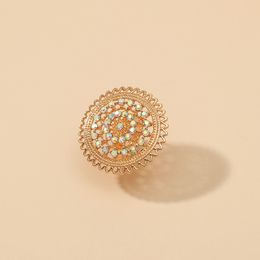 Vintage Round Flower Ring Women's Retro Gold Colour Alloy Adjustable Ring CZ Beads Indian Ring