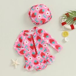 Baby Girl Swimsuit Rash Guard Toddler Infant Zipper Long Sleeve Swimwear Hat Bathing Suit Swimwear