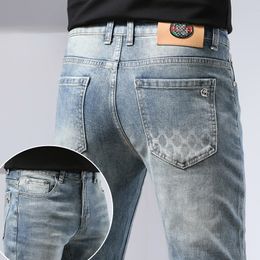 Leichte, luxuriöse, trendige High-End-Jeans für Herren im Frühling/Sommer, dünner Retro-Stil, grau, Slim-Fit, kleine gerade Röhre, bedruckte elastische Baumwolle