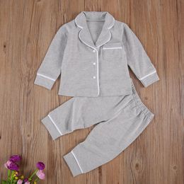 2 Pcs Infant Kids Girls Boys Pyjama Sets Long Sleeve Lapel Buttons Shirt TopPant Cotton Casual Children Sleepwear Nightwear 240327