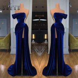 Chic Royal Blue Offtheshoulder Strapless Evening Dresses Sheath High Thigh Split Long Prom Party Gowns With Beaded Waist Vestido8361516