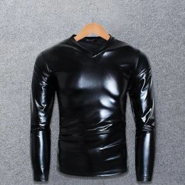 Men T-shirt Glossy Appearance Solid Color Long Sleeve Top V Neck Slim Fit T-shirt Nightclub Party Performance Costumes for Home