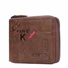 kavis Genuine Leather Men's Wallet Vintage Busin Mini Short Purse Rfid Blocking Card Holder for Women with Hasp Coin Pocket 096A#