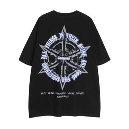 High Street Style American Compass Arrow Print Trendy Brand Vtg Short Sleeve Hip Hop Loose Couple T-shirt for Men and Women