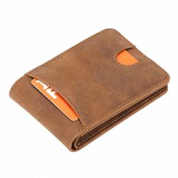 genodern Slim Wallets for Men Crazy Horse Cow Leather Short Mini Men Wallet Thin Male Purse c9e3#