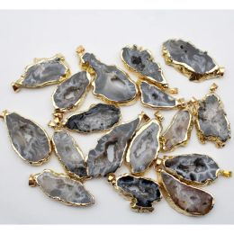 charms Natural Stone Electro plated Gold Colour Slice Open Brazilian Agates Geode Druzys Pendants For DIY Necklace Jewellery Making 5Pcs