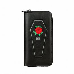 coffin & Rose Pattern Lg Wallet, Gothic Zipper Around Coin Purse, Halen Large Capacity Purse p94i#