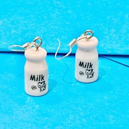 Cute Milk Bottle Charm With Cat Earrings For Women Jewelry Handmade Resin Mini Drinking Floating Pendant Diy Earring Gifts
