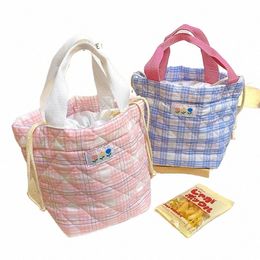 plaid Lunch Bag Women Thermal Big Capacity Drawstring Lunch Box Tote Food Bags Office Worker Portable Insulated Food Storage Bag g16s#