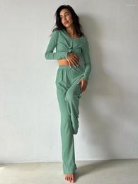 Home Clothing Marthaqiqi Sexy Women'S Sleepwear Suit Crop Top Pyjamas Long Sleeve Nightwear V-Neck Nightgowns Pants Casual Female Nightie