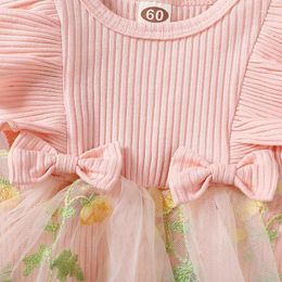 Rompers Infant Baby Girls Romper Dress Sleeve Flower Embroidery Skirt Hem Jumpsuit Summer Clothes Cute Headband 2024