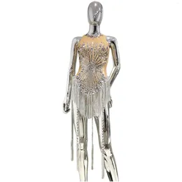 Runway Dresses Shinning Sequins Rhinestone Tassels Sexy See-Through Sheath Mini Bodysuit Evening Party Nightclub Performance Costume Stage