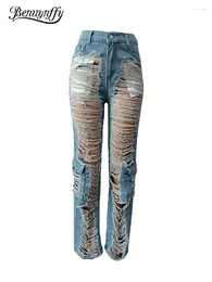 Women's Jeans Benuynffy Fashion Ripped Hole Boyfriend Streetwear Casual Distressed Straight Leg Denim Cargo Pants With Pockets