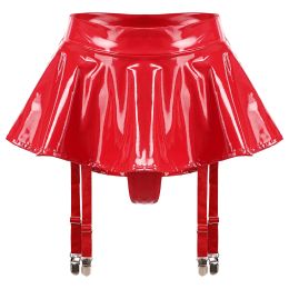 Women Adults Sexy Glossy Patent Leather Flared Skirt Clubs Dance Performance Invisible Zipper Flared A-Line Mini Skirts Clubwear