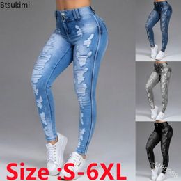 Plus Size 5XL 6XL Women Vintage Mid Waist Skinny Jeans Distressed Denim Pants Crimped Destroyed Pencil Pants Casual Jeans Woman 240315