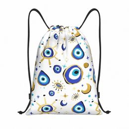 custom Mediterranean Blue And Gold Evil Eye Drawstring Bags Lightweight Hamsa Nazar Amulet Boho Sports Gym Storage Backpack j9W7#