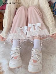 Women's Pants Japanese Cute Lace Stitching Bow Loose Retro Slim Corduroy Wide-Leg Spring And Autumn Kawaii Lolita Straight-Leg