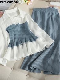 Chic Soft Sweater Skirts 2 Piece Set Korean Design Fold Vneck Blouse Conjuntos Casual Knitwear Slim Straight Skirt Outfits 240319