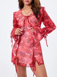 Casual Dresses Women S Floral Print Mini Dress Long Sleeve V Neck Tie-up Front Split Hem Clubwear