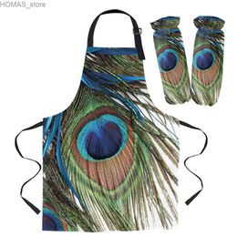 Aprons Peacock Feather Art Women Apron Brief Adult Kids Apron Cuff Oven Mitts Kitchen Baking Cooking Accessories Bib Aprons Y240401