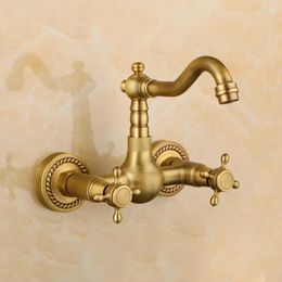 Bathroom Sink Faucets Antique Brass Wall Mount Kitchen Faucet 8 Inch Center Mixer Tap 360 Degree Swivel Spout Double Cross Handle Basin