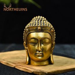 NORTHEUINS Resin Creative Southeast Asia Antique Buddha Head Statues Golden Miniature Figurines Zen Home Interior Decor Objects 240318