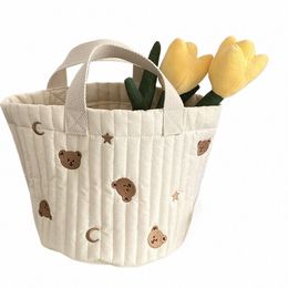 bear Embroidery Women Lunch Bag Soft Canvas Quilting Design Food Storage Bucket Handbag Makeup Cosmetic Organizer Small Tote f8aE#