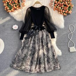 Casual Dresses Elegant Women's Dress 2024 Spring Round Neck Mesh Knitted Patchwork Bubble Sleeves A-line Embroidered Sequin Birthday Party