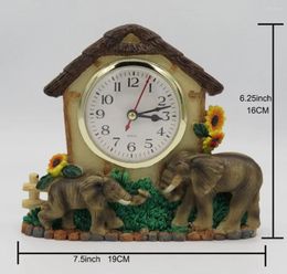 Table Clocks Hankroi Rural Style Desk Clock Resin 6.25 Inches Height House & Elephant Hand Painted Home Decor