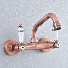 Bathroom Sink Faucets Antique Red Copper Faucet Wall Mounted Double Handle Swivel Spout And Cold Mixer Nsf875