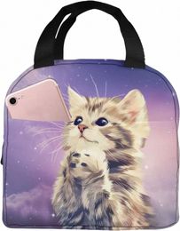 galaxy Cat Lunch Bag Portable Insulated Lunch Box Reusable Cooler Thermal Meal Tote for Women Work Picnic Beach E2OT#