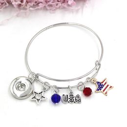 10pcs Snap Jewelry Patriotic Style Crystal Star USA Flag Bracelet Bracelets Wire Bangles Women GiftsPulsera 240327