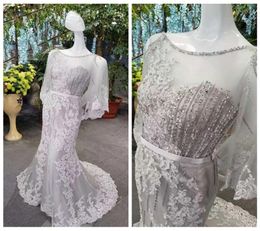 2020 See Through Mermaid Wedding Dresses Beaded and Sequins Lace Appliques Silver Wedding Dresses with 34 Sleeve Chic Boho Weddin6132187